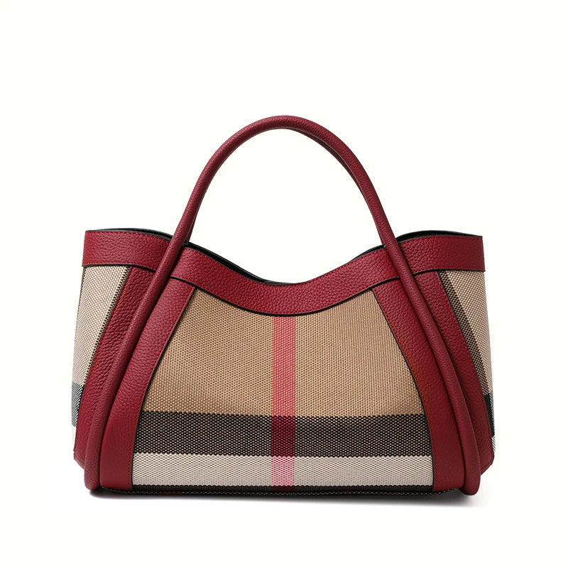 Retro Checkered Luxury Handbag | Large Capacity Canvas & Cowhide Patchwork Tote | Fashion Plaid Shoulder Bag with Secure Hasp Closure Luxegan