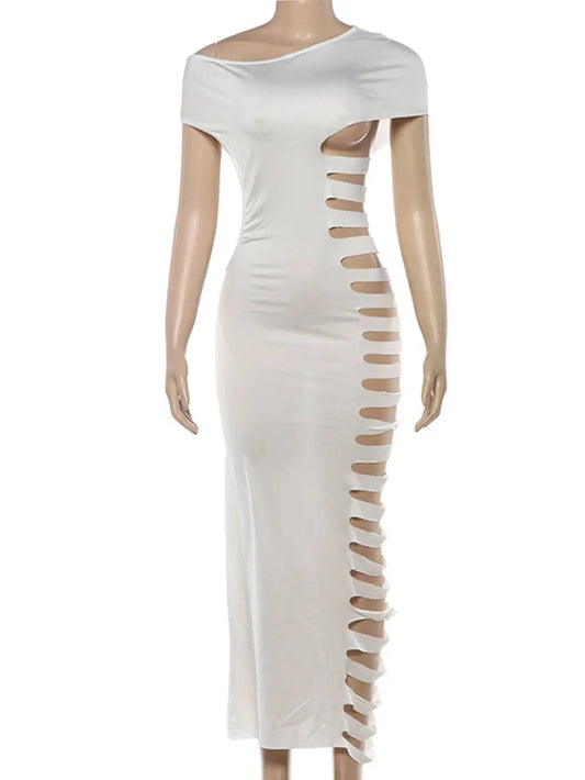 Solid O-Neck Short Sleeve Hollow-Out Slim Fit Sheath Maxi Dress – Natural Waist, Summer Luxegan