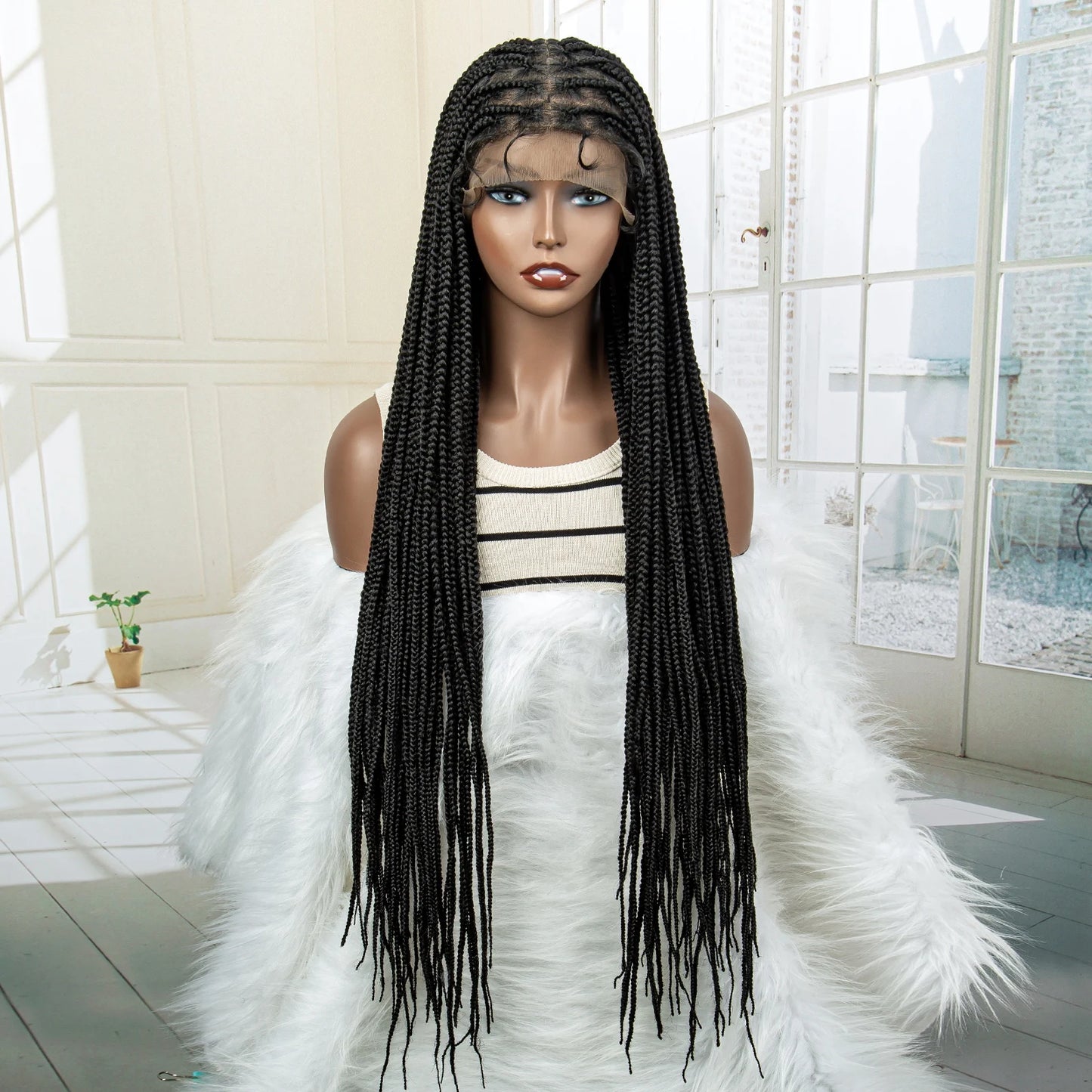 36" Long Knotless Braided Wig - Full Lace, Cornrow Accents, Baby Hair - For Black Women