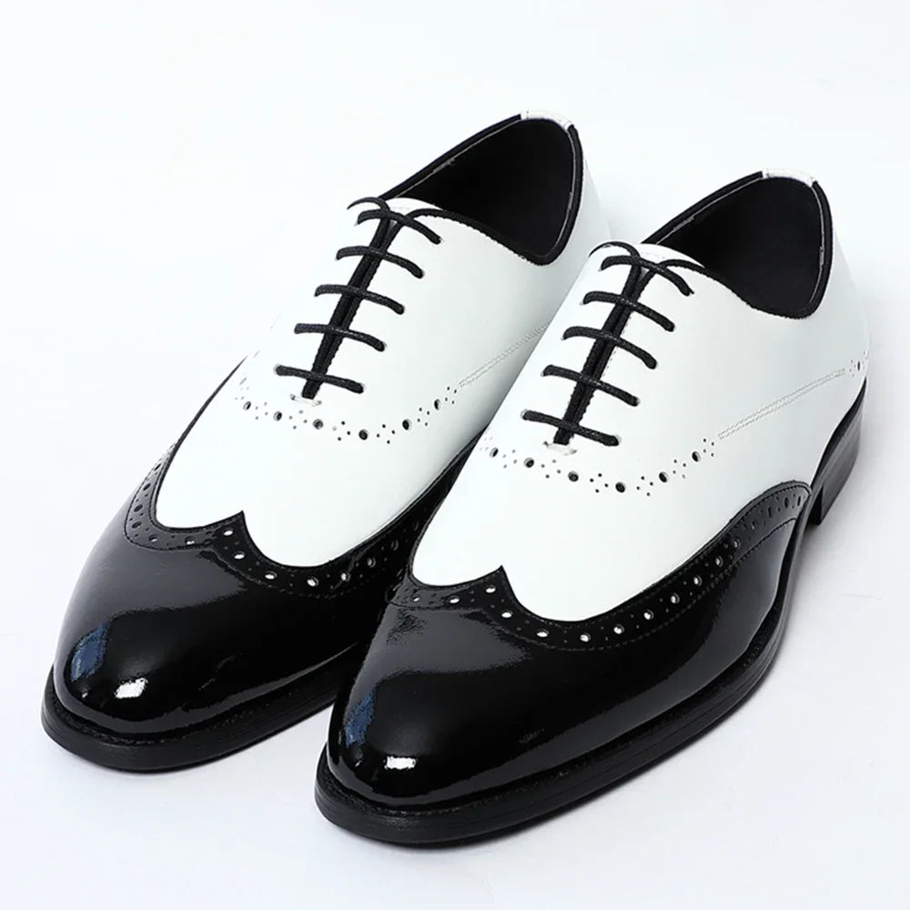 Elegant Men's White & Black Wingtip Brogue Oxfords | Genuine Leather Wedding, Party & Social Dress Shoes Luxegan