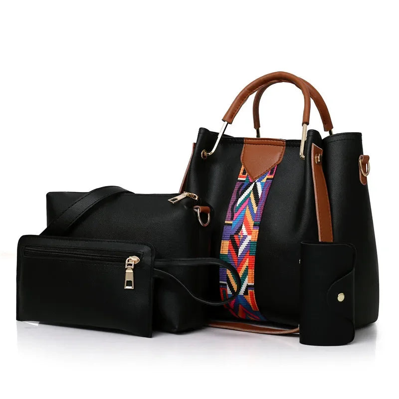 4 Pcs Luxury Handbag Set | Large Capacity Tote Bag, Fashion Shoulder Bag, Wallet & Card Case for Women (Patchwork) Luxegan