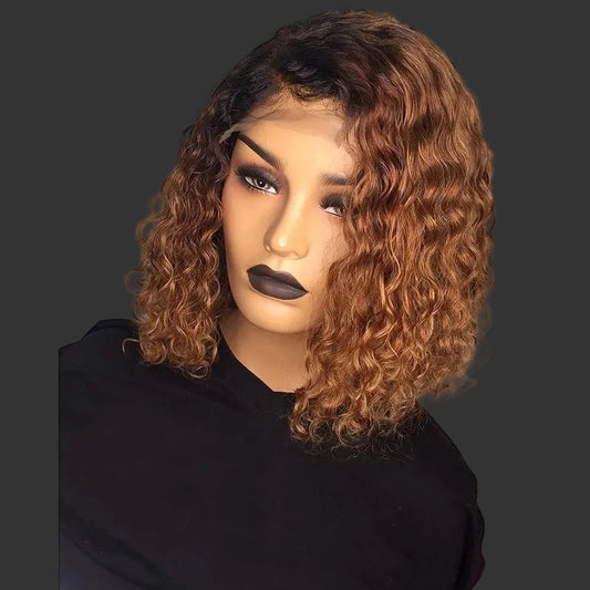Brazilian Highlight Deep Wave Curly Bob Wig | 13x4 Transparent Swiss Lace Frontal Wig | 180% Density Peruvian Virgin Human Hair Pre-Plucked Curly Bob (14 Inch, Multi-Tonal Caramel Highlights) Luxegan