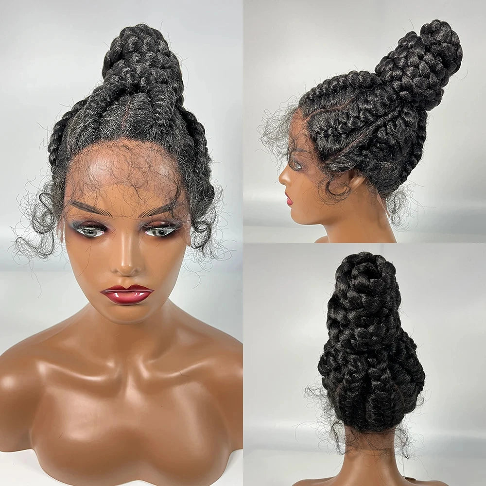Lace Frontal Cornrow Braided Updo Wig with Baby Hair | Synthetic African American Style Braiding Wig Luxegan