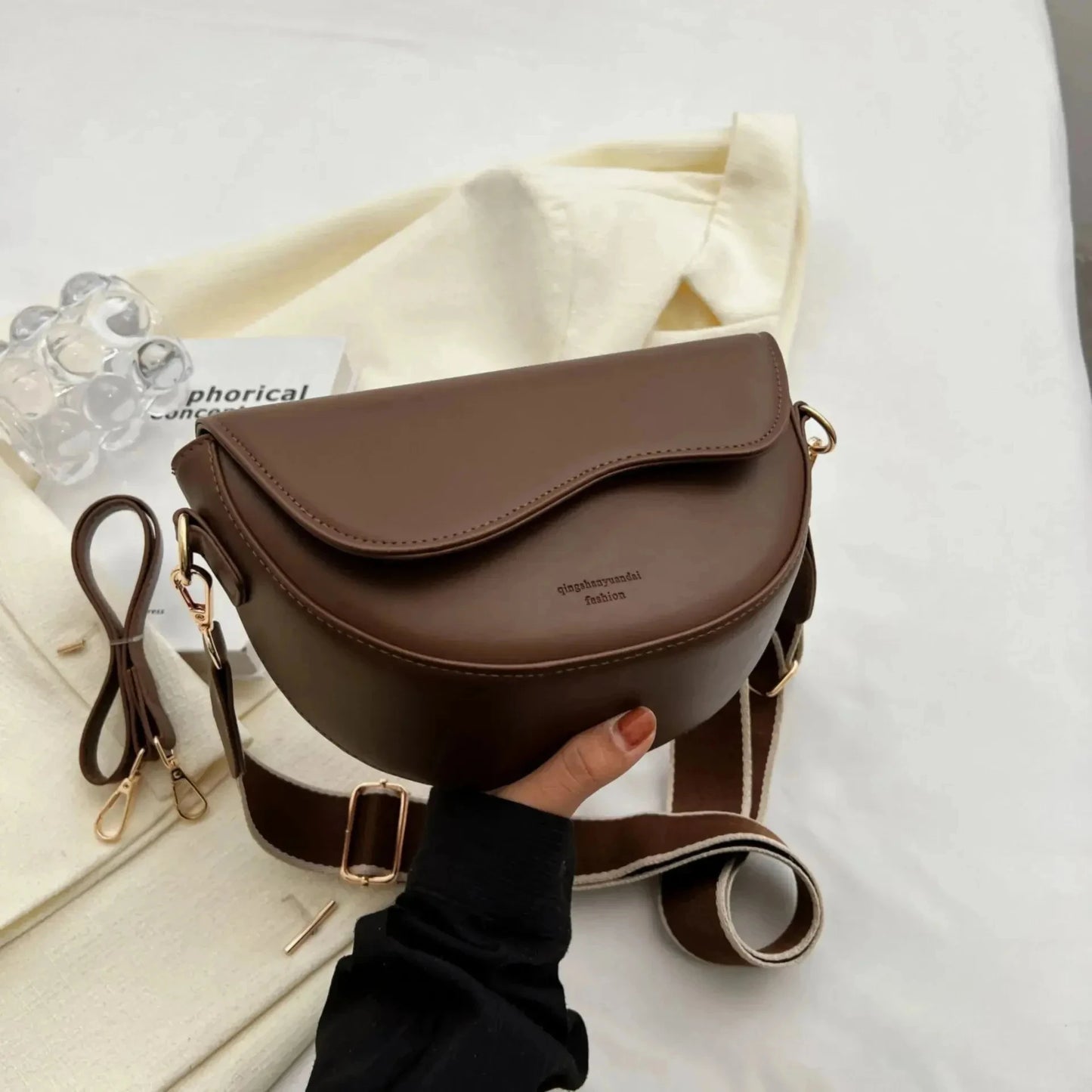 Vintage PU Leather Crossbody Bag | Small Saddle Shoulder Bag with Wide Strap & Flap Design Luxegan