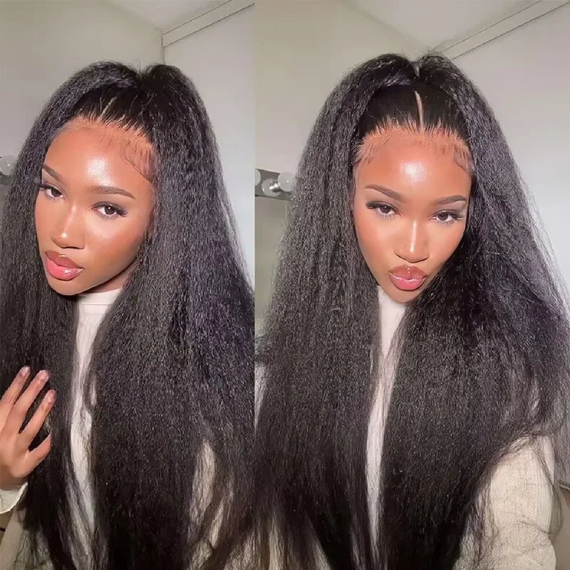 Kinky Straight 360 HD Lace Frontal Wig | Yaki Straight Ponytail Human Hair Wig for Black Women (Transparent Lace, Clearance Sale) Luxegan