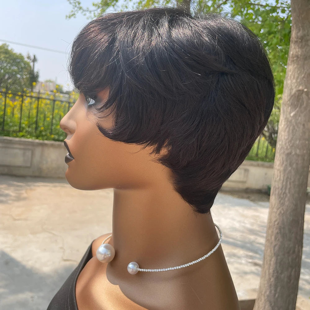 Short Pixie Cut Wig Human Hair | Machine Made Wig with Bangs | Brazilian Remy Hair | Pixie Wig for Black Women