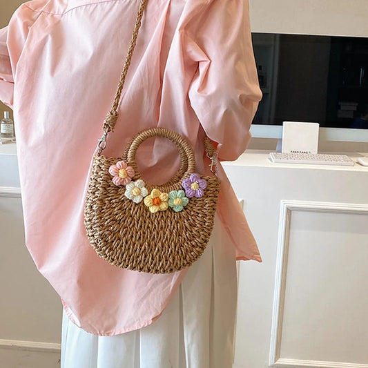 Hand-Woven Circular Straw Tote | Sophisticated Bohemian Rattan Purse | Elegant Floral-Accent Beach Bag | "Dignified" Soft Wicker Handbag for Versatile Summer Styling Luxegan