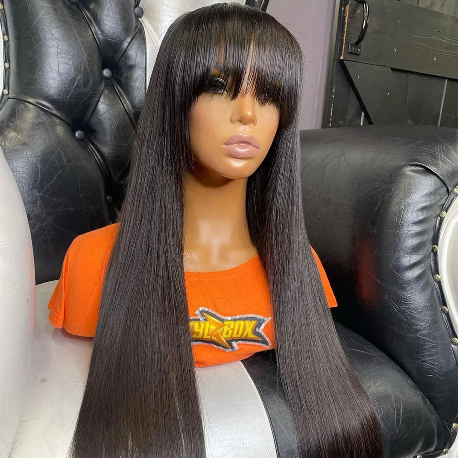 Long Straight Wig with Bangs | 30-32 Inch Brazilian Remy Hair | Middle Part Wig for Black Women