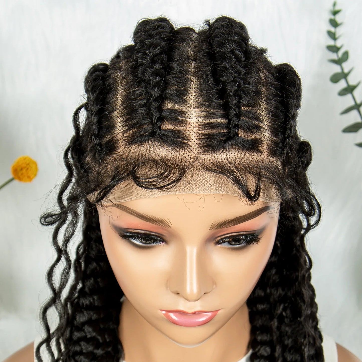 Cornrow Braided Wigs Synthetic Transparent Full Lace Wig With Baby Hair Braiding Wig Boho Cornrow Wig Curly End For Black Women