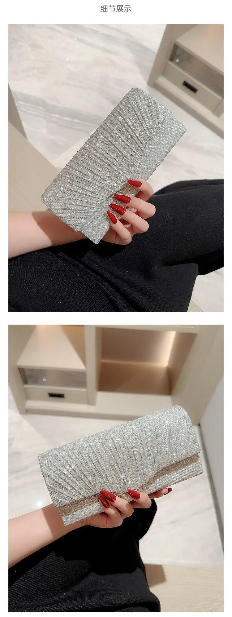 Ladies' Glitter Silver Clutch Bag | Envelope Evening Bag, Fashion Elegant Long Purse & Women's Chain Shoulder Bag (Wedding & Party Handbag) Luxegan