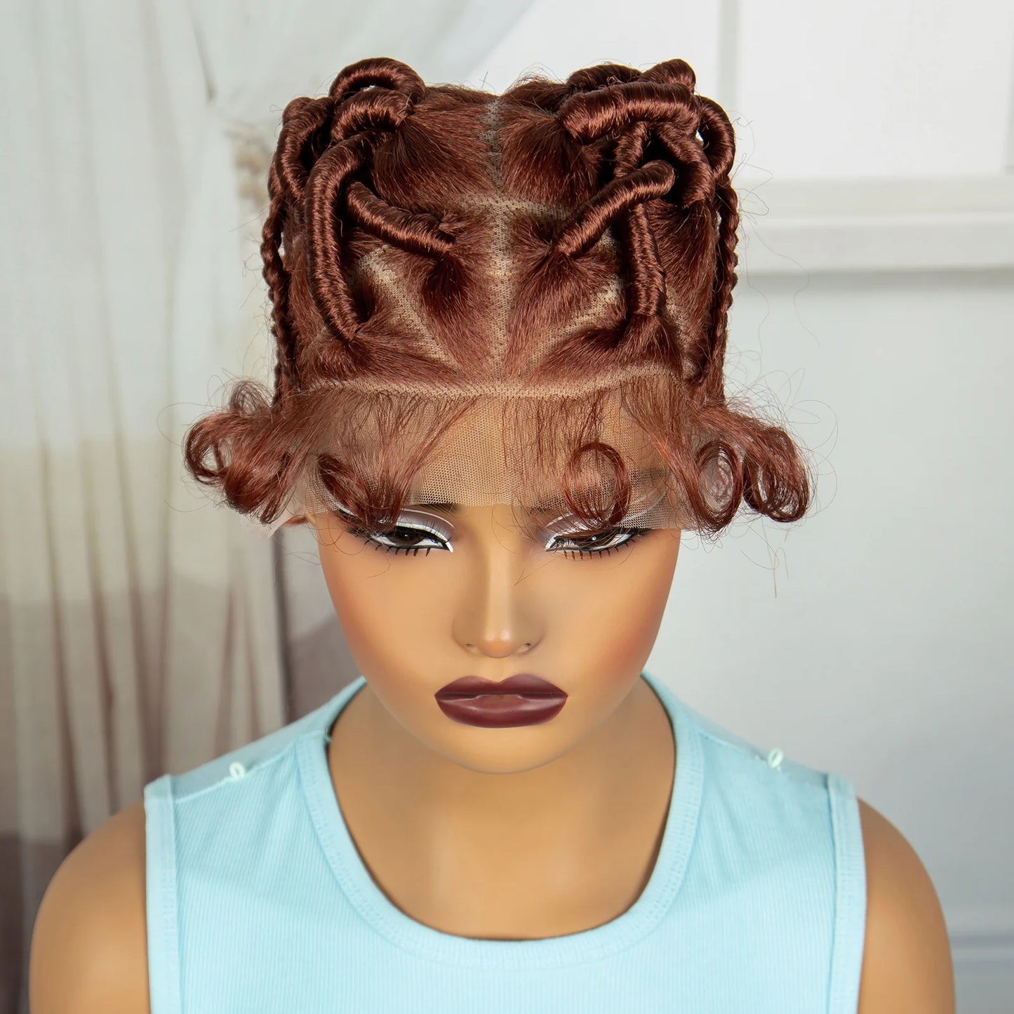 Burgundy Full Lace Synthetic Braided Wig | Knotless Box Braids & Bantu Knots | Lace Front Wig with Baby Hair for Black Women