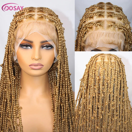 36" Butterfly Braided Full Lace Wig | Honey Blonde & Burgundy Goddess Locs | Synthetic Box Braids | Transparent Lace Luxegan