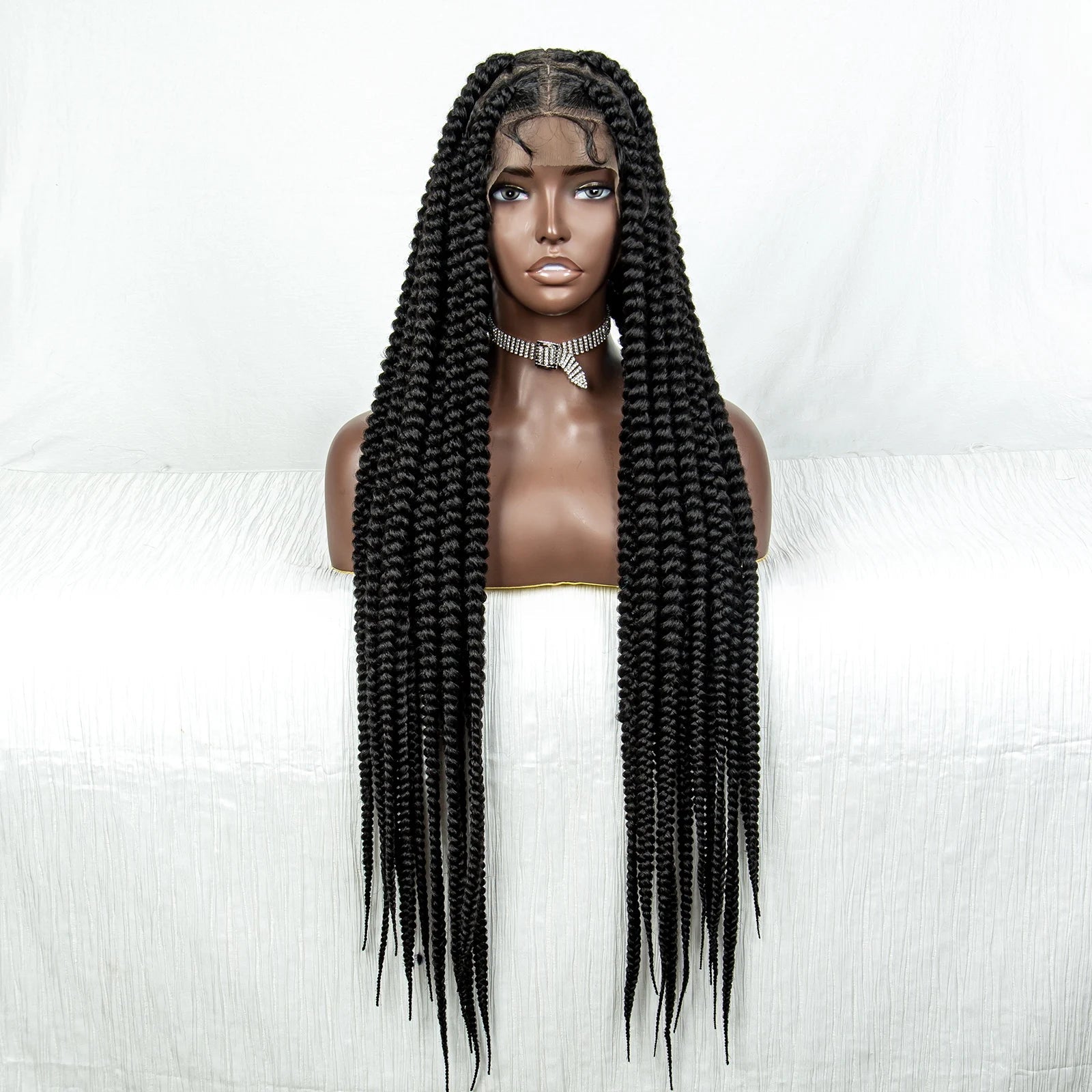 34" Jumbo Box Braids Wig | Full Lace | Cornrow Accents | Natural Color | Kanekalon Luxegan