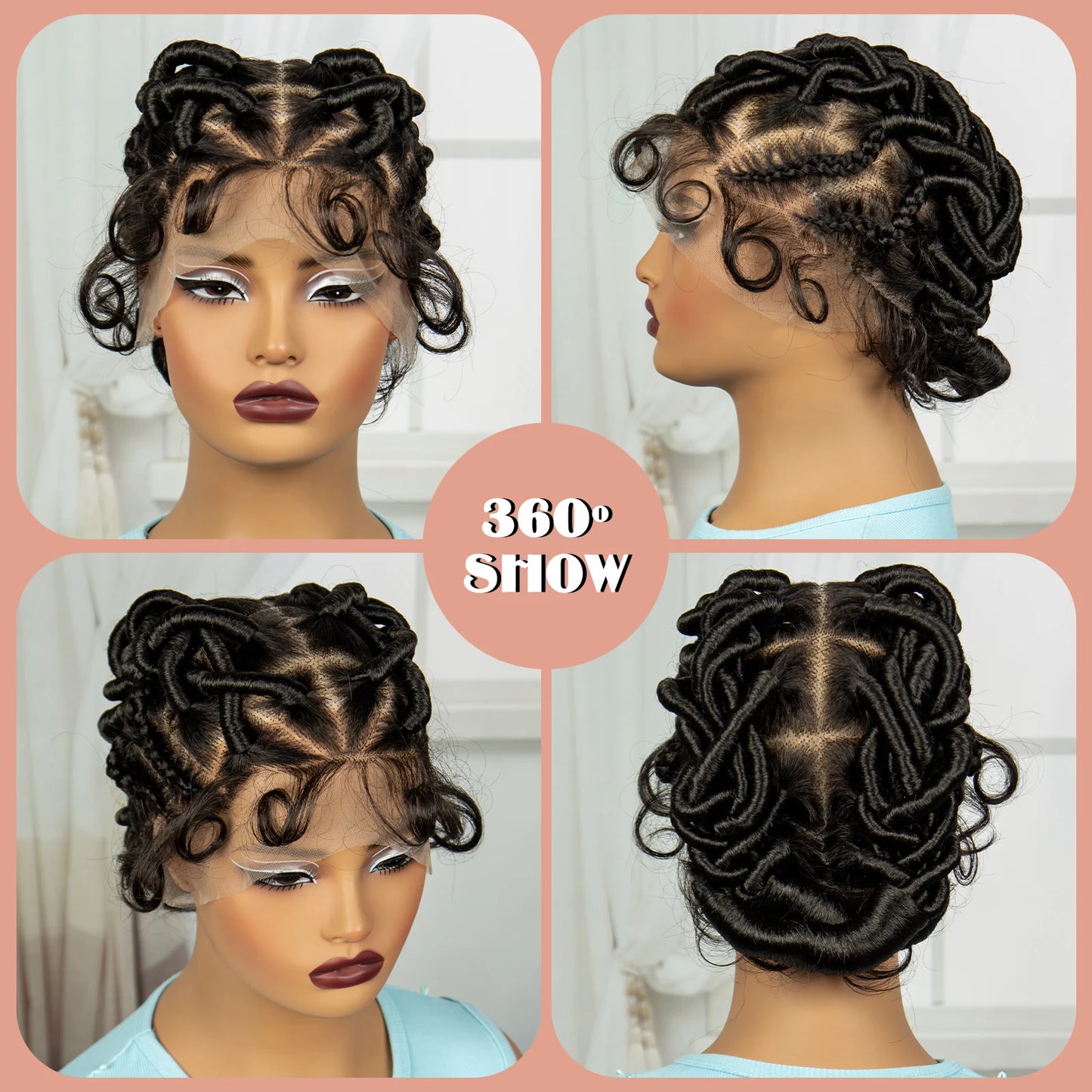 Burgundy Full Lace Synthetic Braided Wig | Knotless Box Braids & Bantu Knots | Lace Front Wig with Baby Hair for Black Women