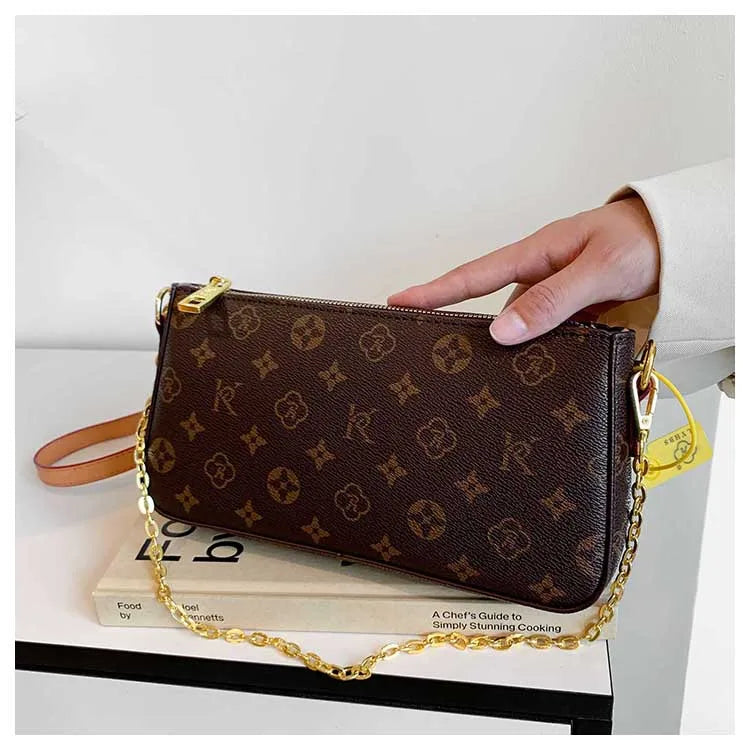 Light Luxury Designer Shoulder Bag | Classic Solid Color Plaid Crossbody | Women’s Vintage Satchel with Chain & Letter Element Luxegan