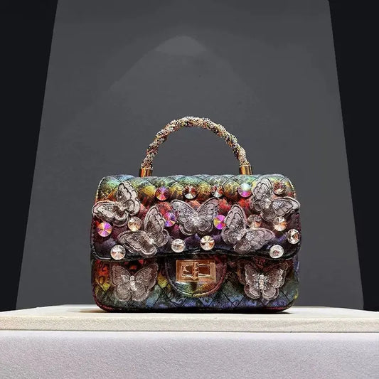 Luxury Designer Rhinestone Butterfly Handbag | Retro Fashion Diamond Lattice Messenger Bag | Glamorous Party Shoulder Bag with Metal Chain | Sparkling Diamond Satchel for Women (Model GX-T-1249) Luxegan