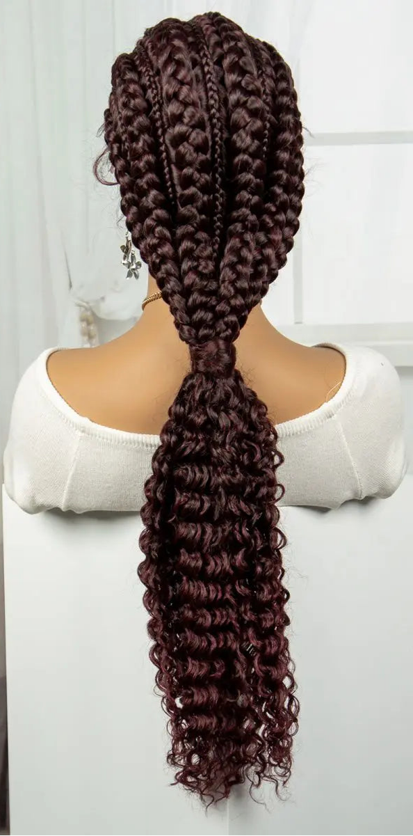 28" Burgundy Knotless Braids Wig with Curly Ends | Lace Front | Baby Hair Luxegan