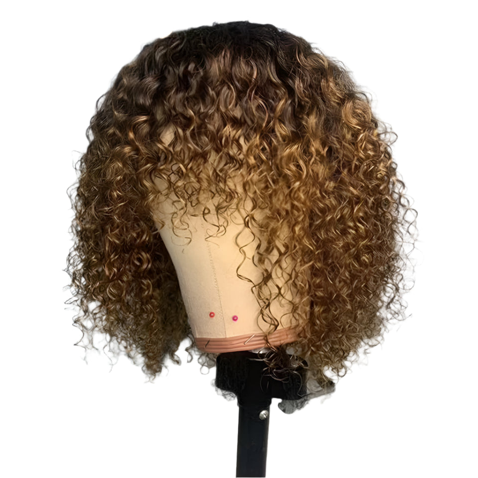 Highlight Honey Blonde Jerry Curly Bob Wig with Bangs | Non-Lace Front Human Hair Luxegan