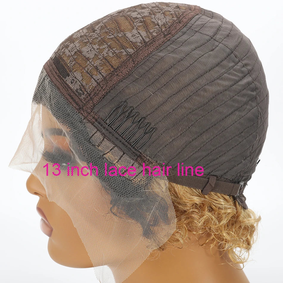 Ombre 1B/27 Pixie Cut Wigs Human Hair Curly Brazilian Virgin Hair 13x1 Transparent Lace Front Short Bob 180% Density Luxegan