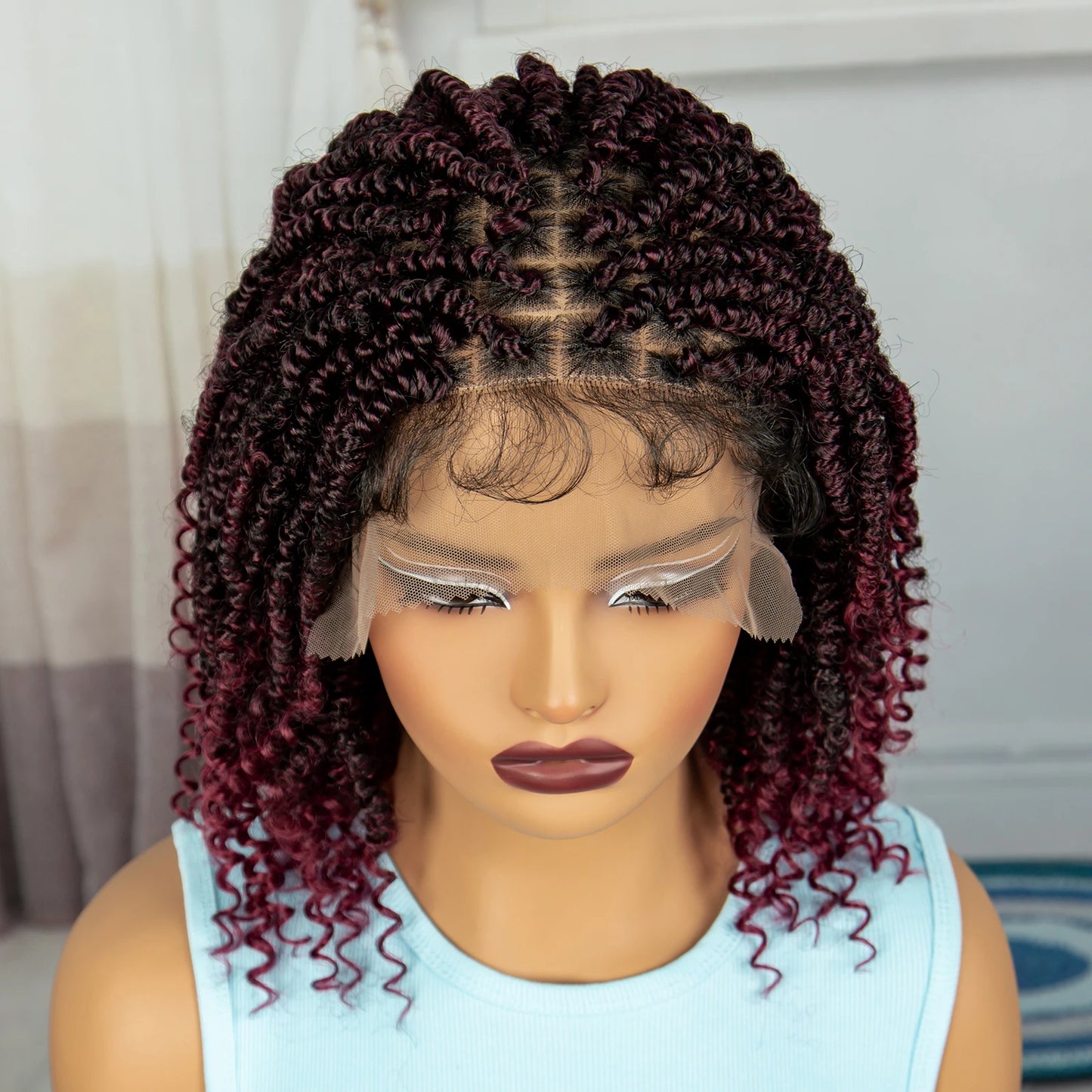 Short Knotless Box Braids Bob Wig with Curly Ends | Handmade Lace Front Luxegan
