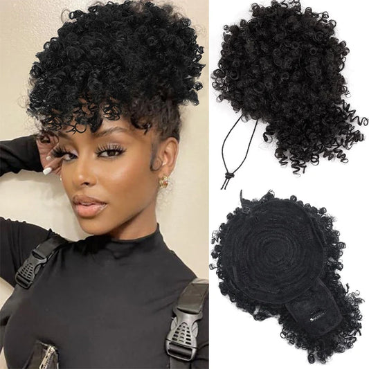 Afro Puff Kinky Curly Drawstring Ponytail Extension with Bangs | Synthetic Updo Hairpiece for Black Women | 12 Inches Luxegan
