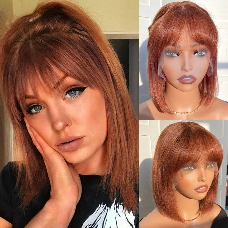 Reddish Brown Bob Wig | Straight Human Hair Lace Front with Bangs Luxegan