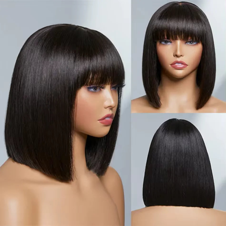 Peruvian Straight Bob Wig with Bangs | Full Machine Made Human Hair Wig | Natural Color