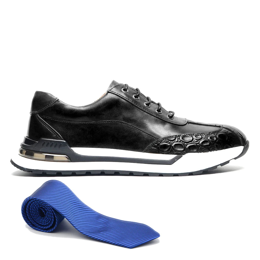 Luxury Designer Men's Genuine Leather Sneakers | Hand-Painted Trendy Double Color Crocodile Print Casual Shoes | Classic France Oxford Brogue Men's Luxury Trainers | Premium Lace-Up Breathable Adult Footwear Model S02739 Luxegan