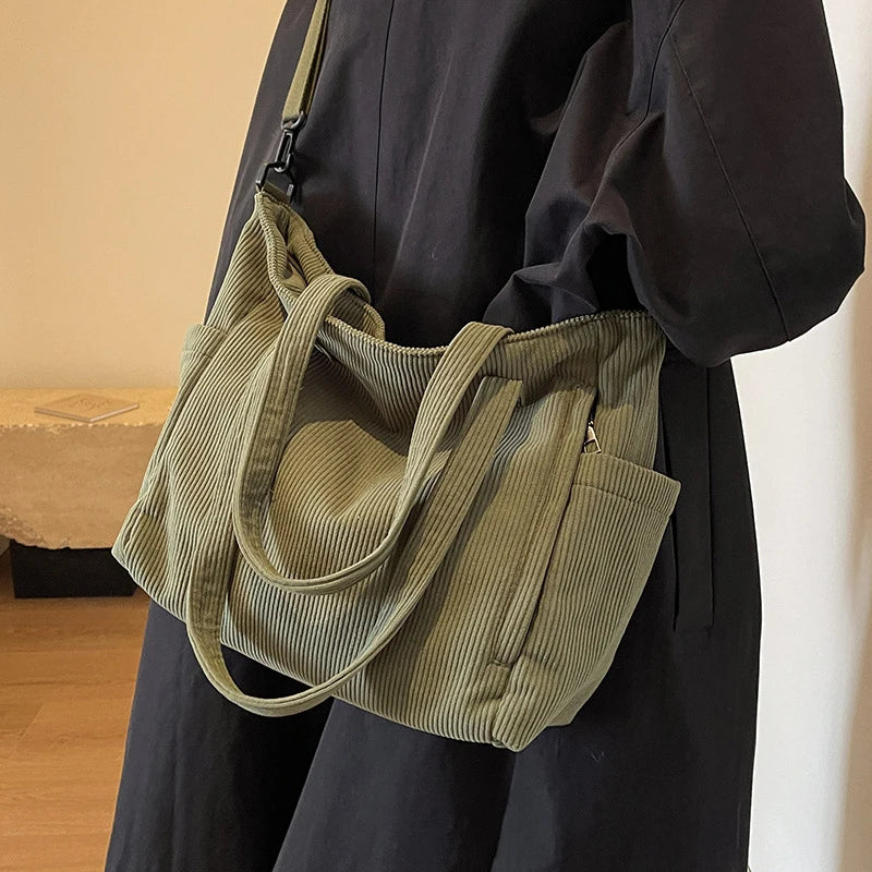 Corduroy Large Capacity Commuting Tote | Fashionable Striped Velvet Shoulder Bag Luxegan