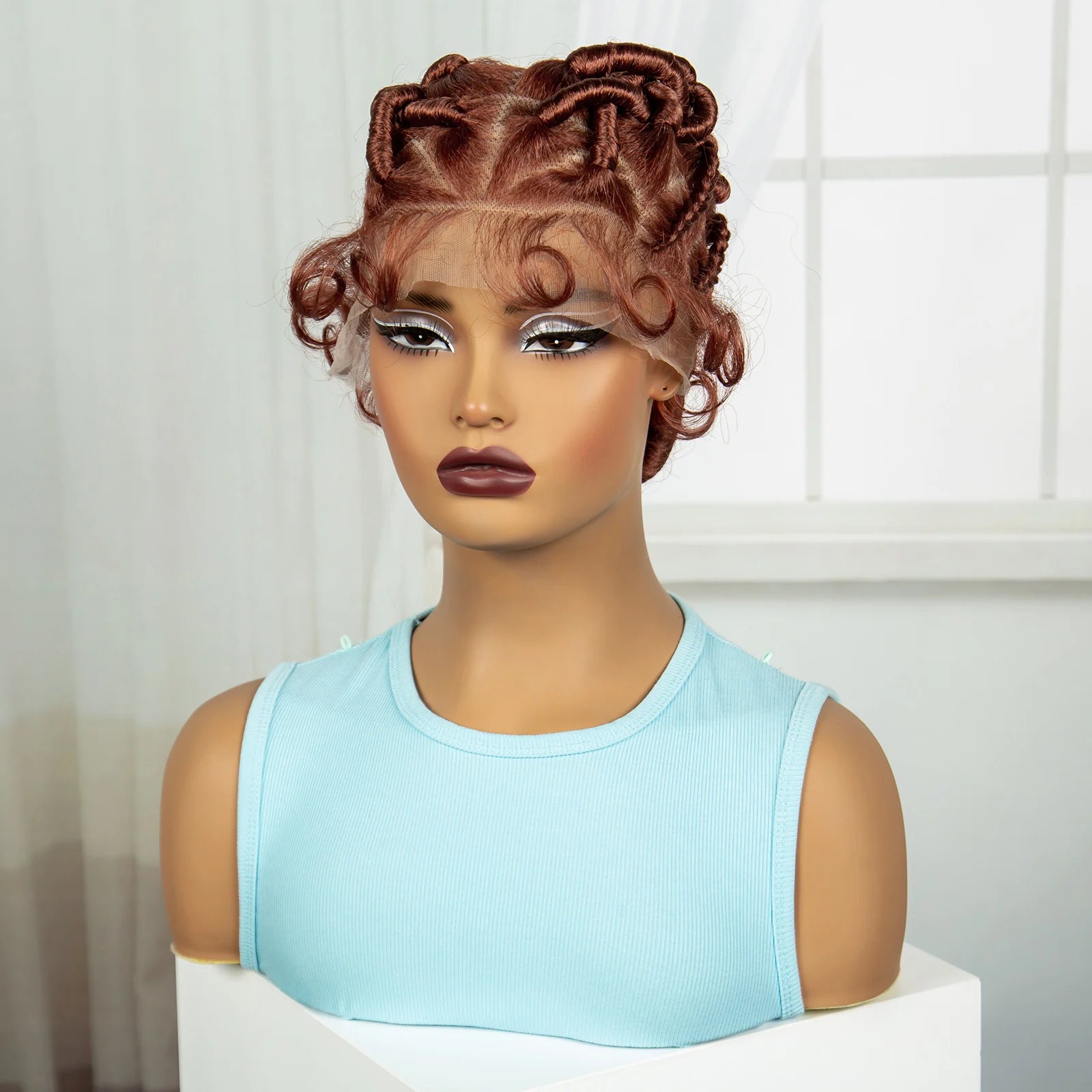 Burgundy Full Lace Synthetic Braided Wig | Knotless Box Braids & Bantu Knots | Lace Front Wig with Baby Hair for Black Women