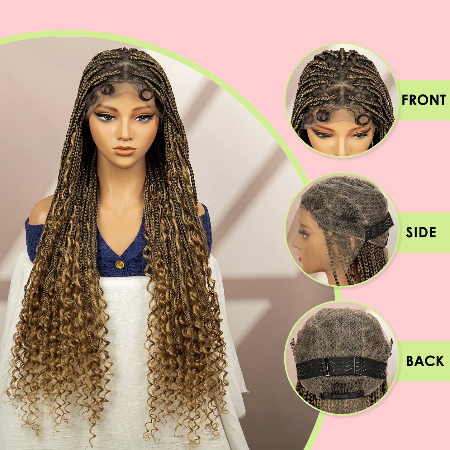 Boho Box Braided Wig with Curly Hair | Goddess Locs Accents | Full Lace Brown Braids Wig | Bohemian Box Braid Wig