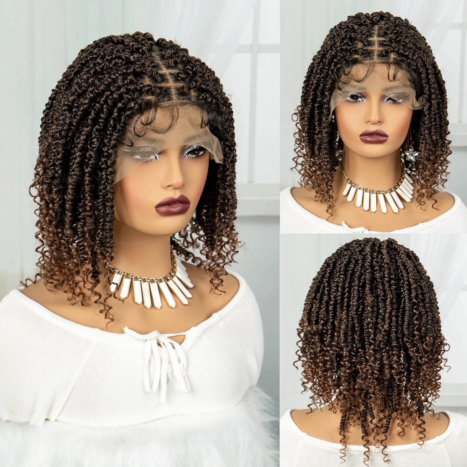 Burgundy Knotless Box Braids Bob Wig with Curly Ends | Lace Front Luxegan