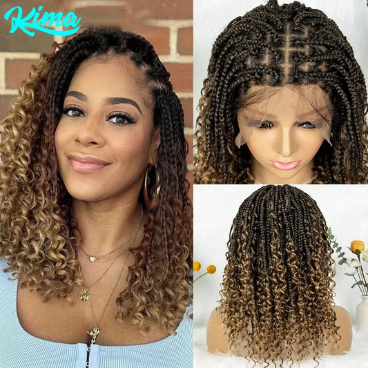 Short Bohemian Box Braids Wig | Full Lace | Curly Ends | Baby Hair | Synthetic Boho Wig Luxegan