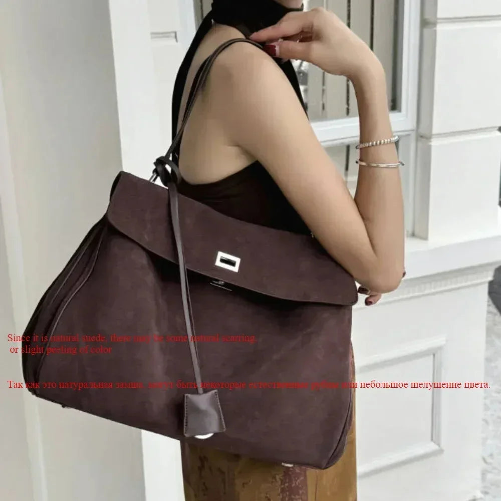 Chic Suede Leather Satchel | Soft Designer Shoulder Handbag Luxegan