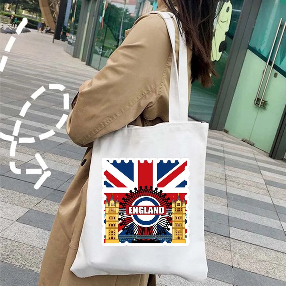 London Big Ben England Map Flag Canvas Tote Bag | UK City Landscape Skyline Shoulder Shopping Handbag (Women's Tourist Gift) Luxegan