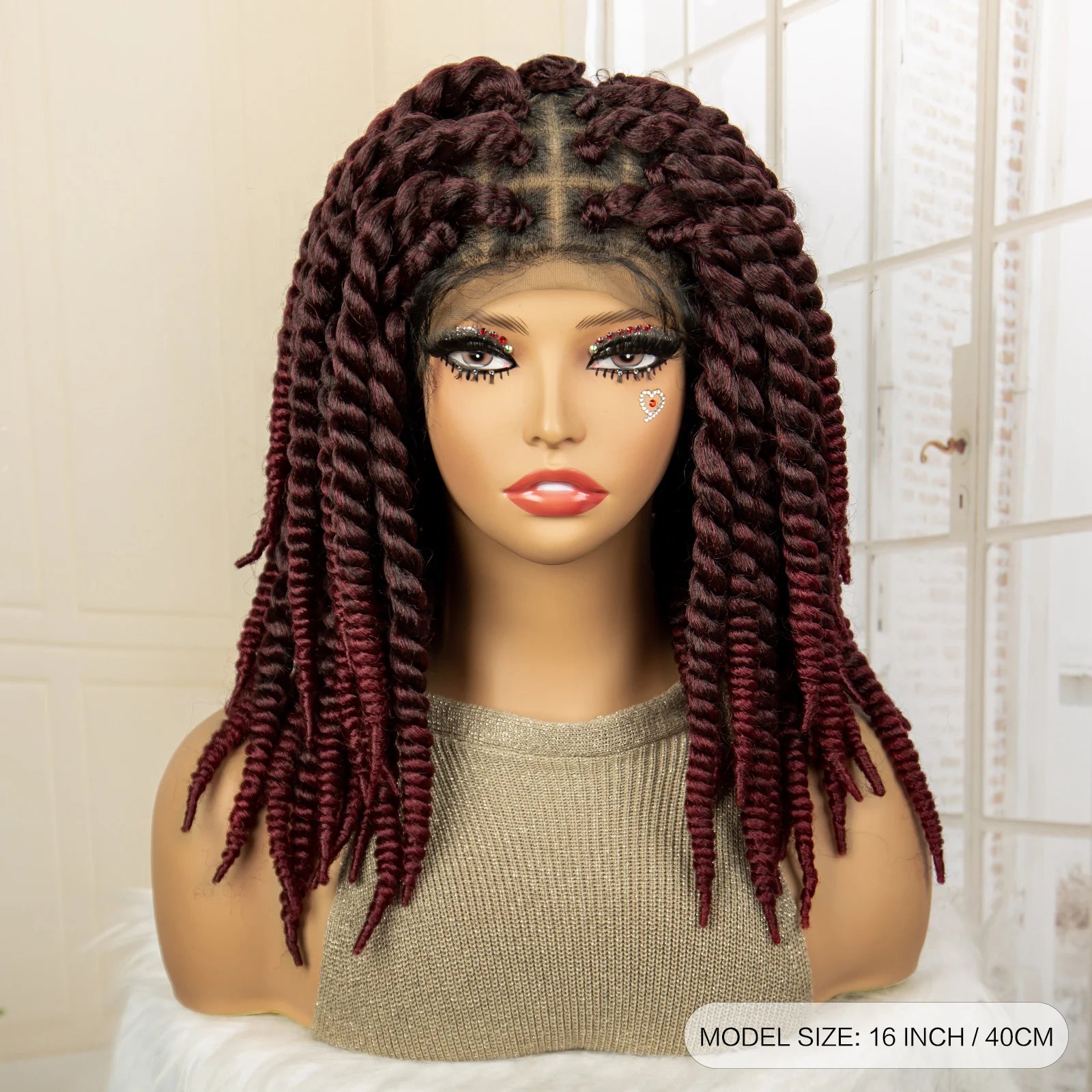 16 Inch Brown Twisted Braided Bob Wig | Full Lace | Kanekalon Fiber | For Black Women - Luxegan