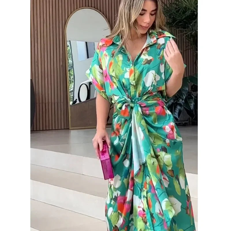 Printed Patchwork Shirt Dress – Turn-Down Collar, Belted, Short Sleeve, A-Line Luxegan