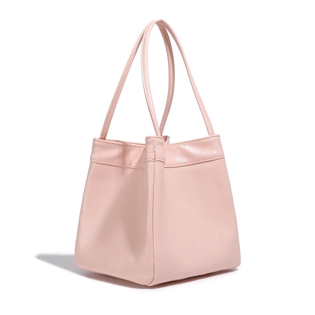 PU Leather Solid Bucket Bag | Soft Silver Fashionable Lunch Box Handbag Luxegan