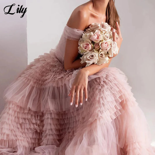 Vestido formal de red rosa de Lily, vestido de fiesta sin tirantes con capas escalonadas para bodas, vestidos de ocasiones especiales sin hombros, robe soirée