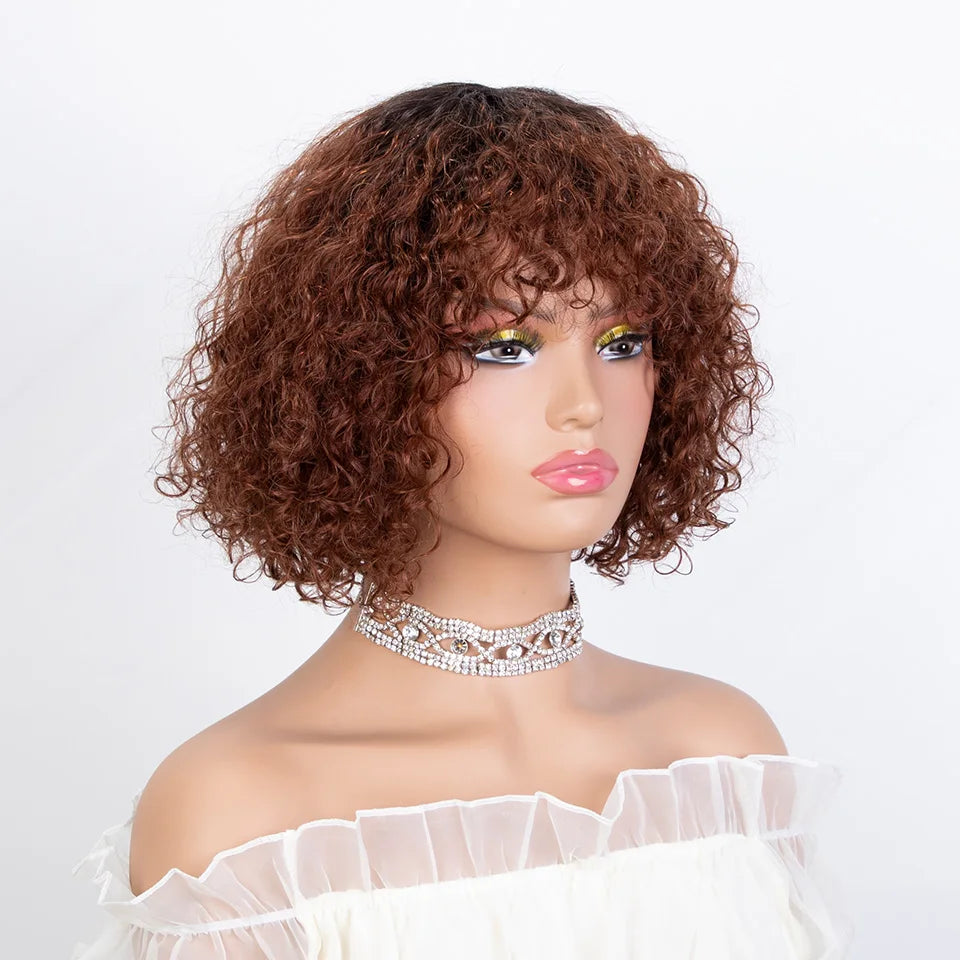 Brazilian Jerry Curly Human Hair Bob Wig with Bangs | Natural Highlight Honey Water Wave Kinky Curly Wigs for Women Luxegan