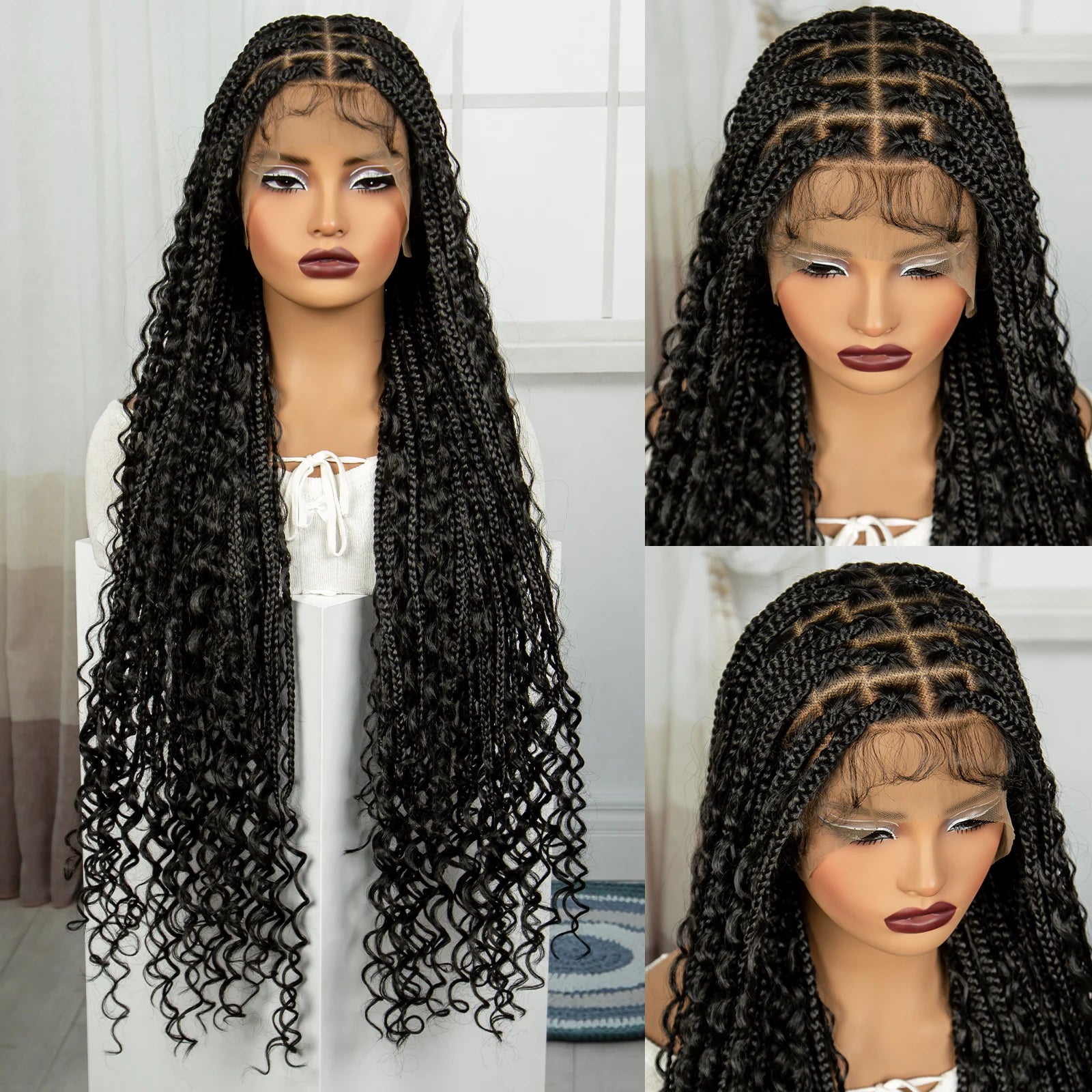 36" Boho Knotless Box Braids Wig with Curly Ends | Full Lace | Baby Hair Luxegan