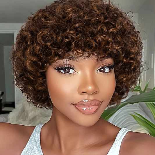 Sleek Peruvian Afro Kinky Curly Pixie Wig | Glueless Natural Brown Human Hair with Bangs Luxegan