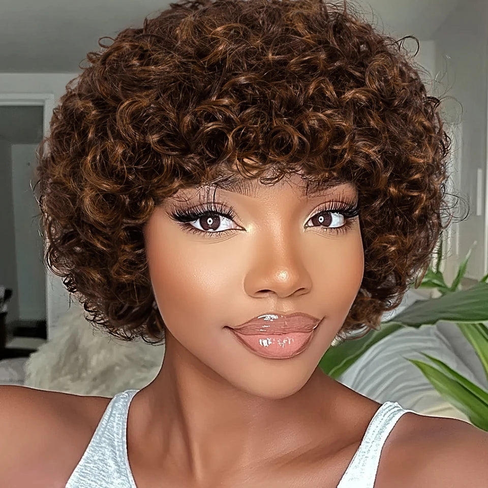 Sleek Short Pixie Afro Kinky Curly Wig with Bangs | Glueless Peruvian Human Hair Bob Luxegan