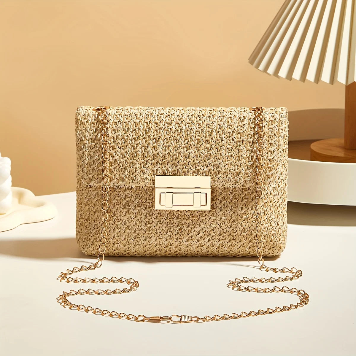 Handwoven Straw Shoulder Bag for Women | Fashion Solid Color Crossbody Purse with Lock Closure | Versatile Sequined Satchel with Rivet Accents | Lightweight Four-Season Straw Handbag Luxegan