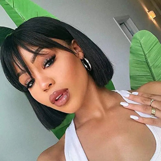 Sleek Bone Straight Short Bob Human Hair Wig with Bangs | Glueless Full Machine-Made Brazilian Remy Human Hair Wig | Classic Fringe Bob for Women (8-14 Inch, Natural Color / #99J Burgundy / Warm Brown) Luxegan