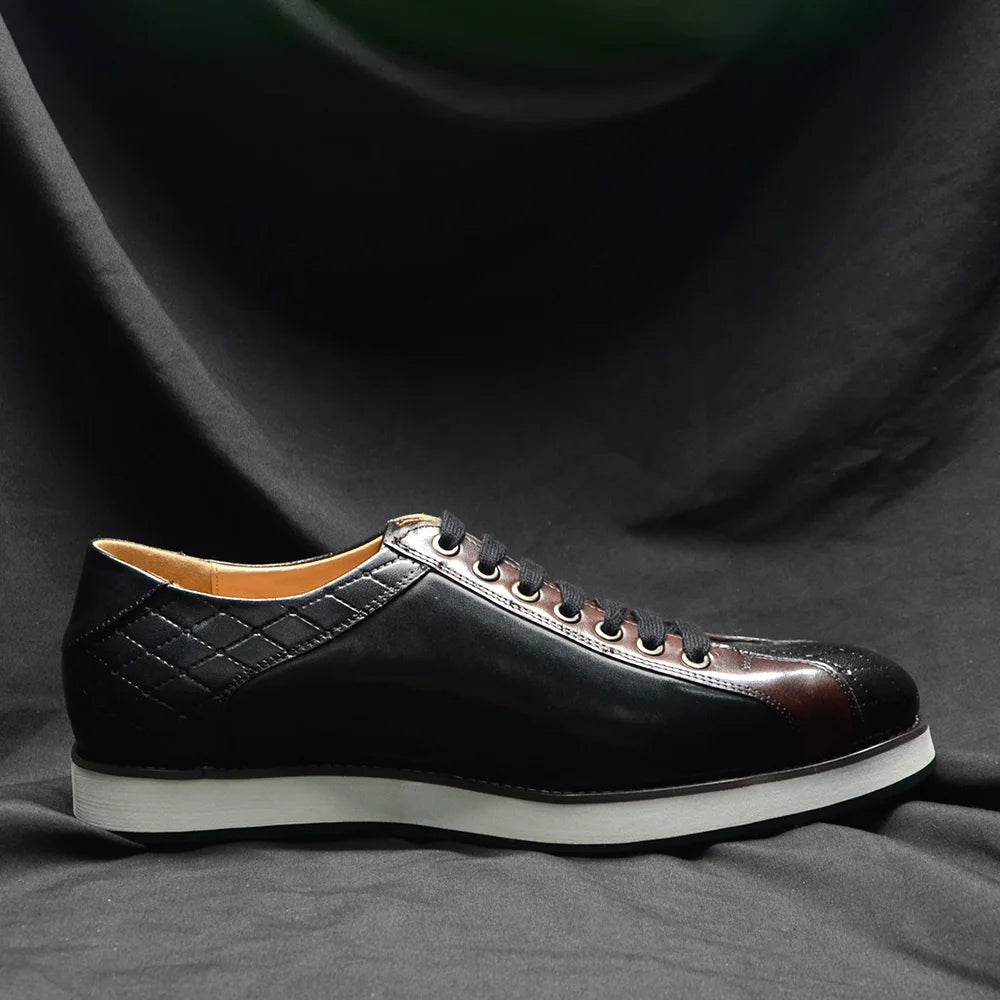 Europe 2024 Fall Luxury Men's Genuine Leather Plaid Casual Shoes | Black & Dark Brown Business Sneakers (Height Increasing) Luxegan