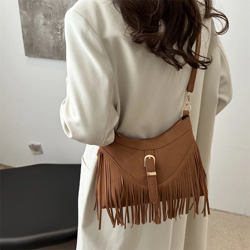 Women’s Vintage Faux Suede Messenger Bag | Western-Style Tassel Crossbody with Sequined Accents | Lightweight Fashion Satchel with Adjustable Detachable Strap Luxegan