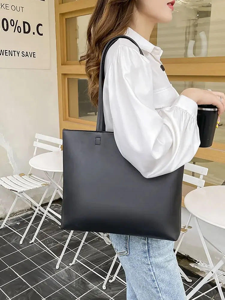Fashion Large Capacity Commuter Tote | Sophisticated Simple Women’s Handbag | Elegant All-in-One Shoulder Bag | Luxury Solid Color PU Leather Square Bag with "Dignified" Structured Frame Luxegan
