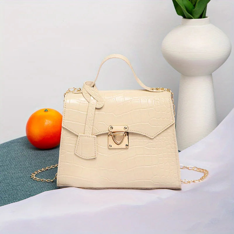 Soft PU Crocodile-Embossed Mini Satchel | Twist Lock Chain Detail Handbag Luxegan