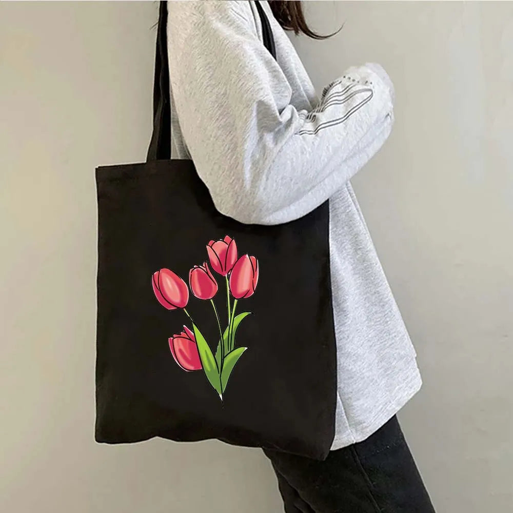 Succulove Floral Cotton Tote Bag | Large Capacity Handbag with Tulips, Hydrangeas, Sunflowers & More (Casual Shoulder Shopper, Eco-Friendly) Luxegan